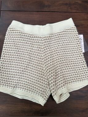 Nanette Lepore Textured High Waist Shorts  Beige  White Crochet Knit S